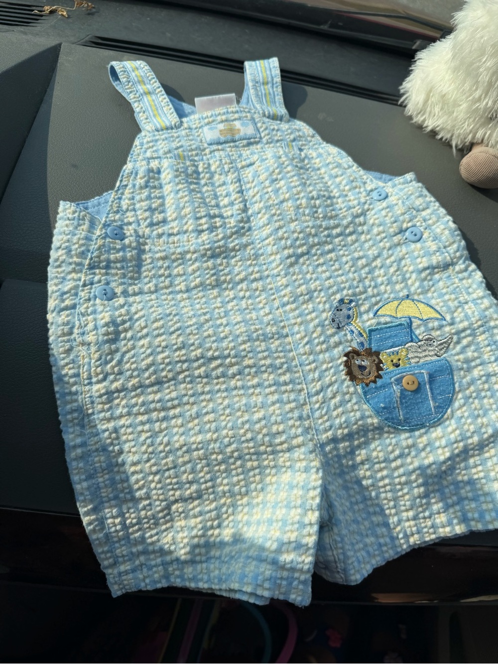 Vintage Baby Blue Noah’s Ark Short Overalls with Embroidered Pocket